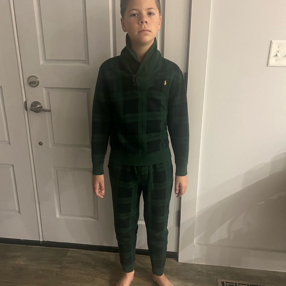 Green Plaid high collar button ralph lauren jogger set